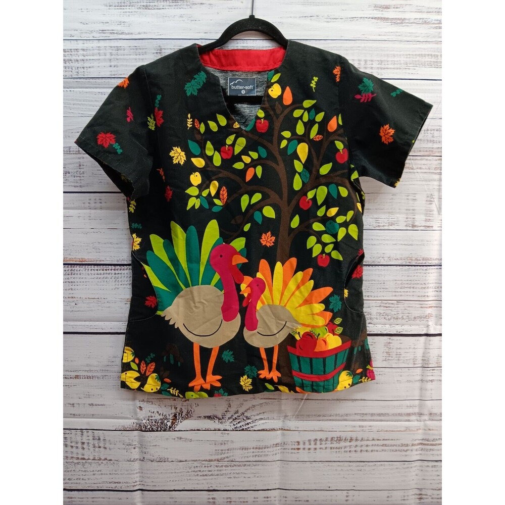 Butter-soft Scrub Top Women’s Small Thanksgiving Autumn Turkey Black